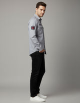 Men's Slim Fit Grey Casual Shirt | Utility Pockets & Tactical Patches