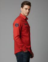 Utility Style Red Shirt with 'Squad' Patches | Button-Down Casual Wear