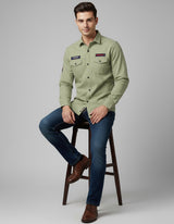 Light Olive Slim Fit Utility Shirt with Chest Pockets