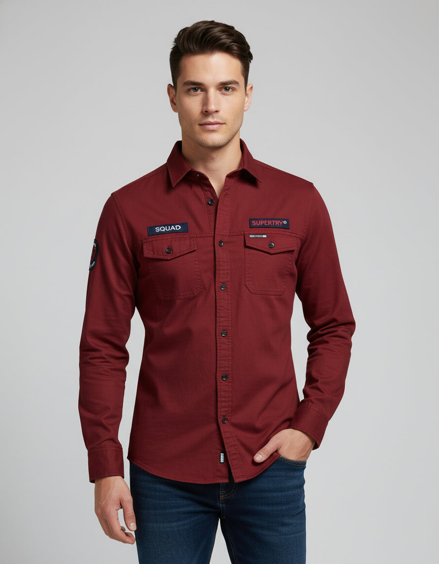 Men's Maroon Full Sleeve Casual Shirt with Patches
