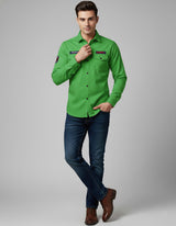 Vibrant Green Cotton Casual Shirt with Chest Pocket & Appliqués