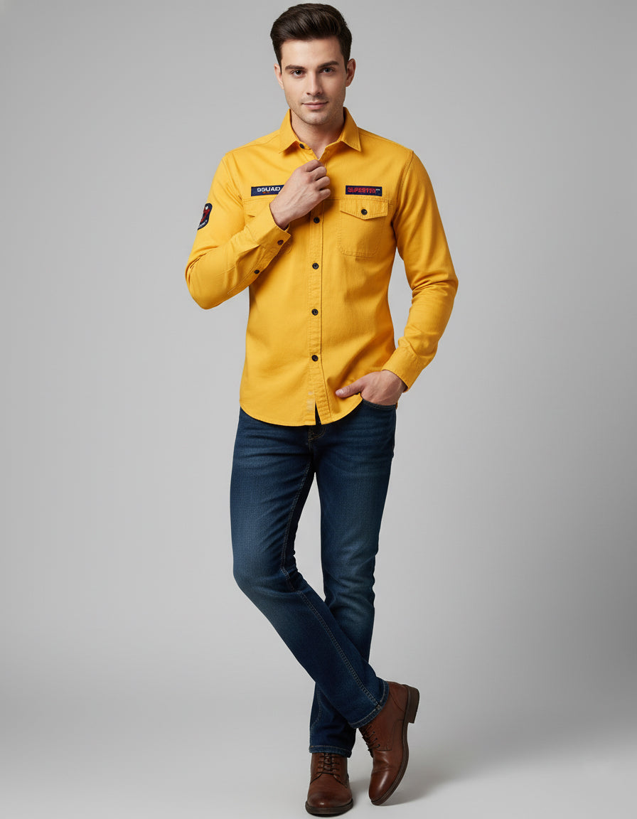 Men's Mustard Yellow Utility Shirt - Long Sleeve Slim Fit with Flap Pockets