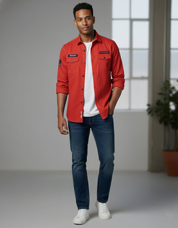 Utility Style Red Shirt with 'Squad' Patches | Button-Down Casual Wear