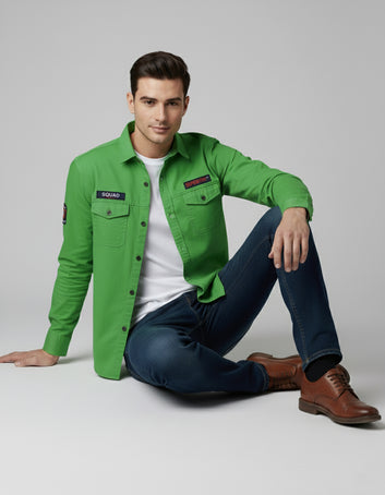 Vibrant Green Cotton Casual Shirt with Chest Pocket & Appliqués