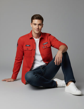 Utility Style Red Shirt with 'Squad' Patches | Button-Down Casual Wear