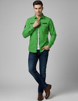 Vibrant Green Cotton Casual Shirt with Chest Pocket & Appliqués