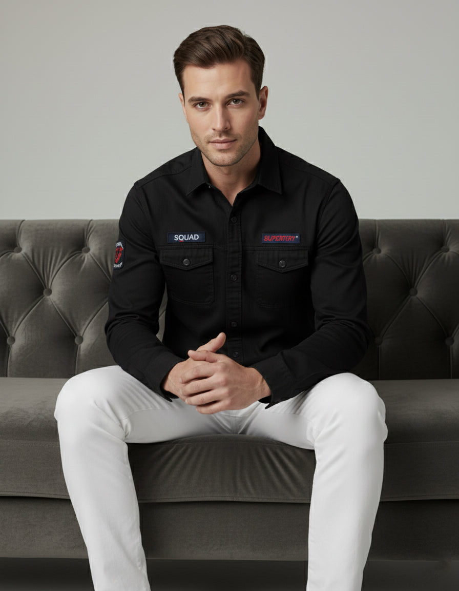 Men's Black Slim Fit Casual Shirt with Utility Pockets & Patches