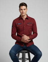 Men's Maroon Full Sleeve Casual Shirt with Patches