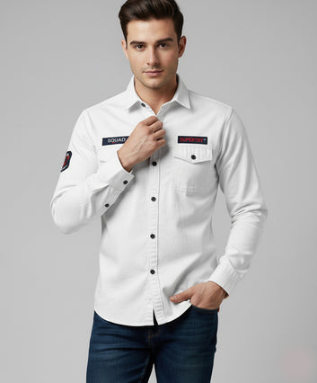 Men's White Full Sleeve Shirt with Patches