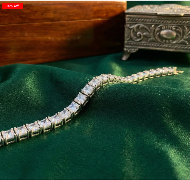 Unisex Silver Tennis Bracelet - Square Cut CZ Stones -Wedding & Party Jewellery Gift
