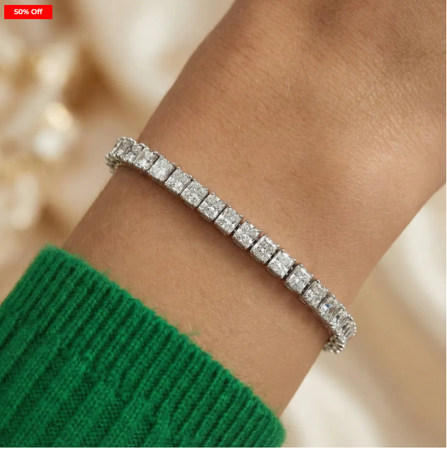 Unisex Silver Tennis Bracelet - Square Cut CZ Stones -Wedding & Party Jewellery Gift