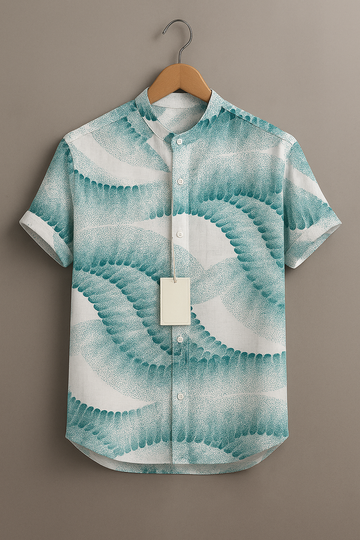 Men’s Mint Green Abstract Wave Print Casual Shirt