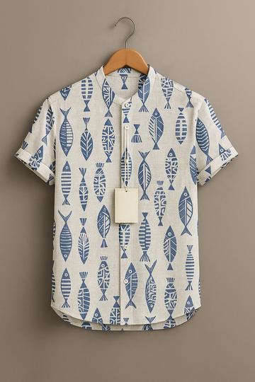 Men’s Coastal Fish Print Short Sleeve Casual Shirt