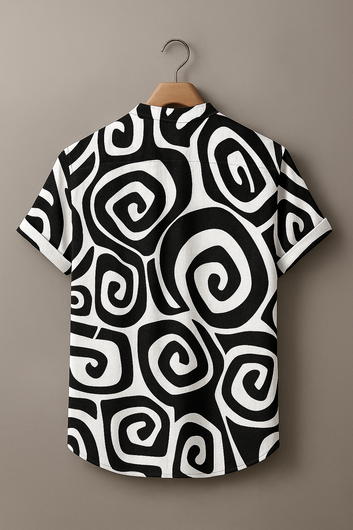 Men’s Monochrome Swirl Pattern Casual Button-Up Shirt