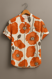 Nature Inspired Orange Flower Print Casual Shirt